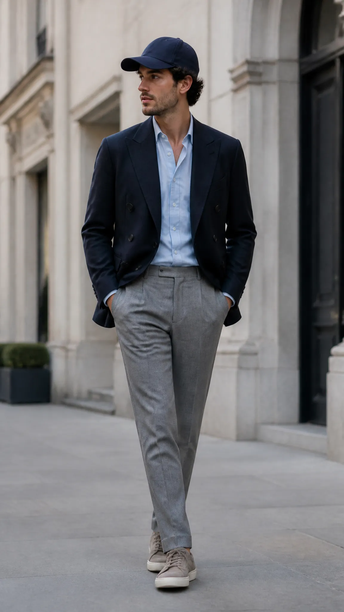 Baseball Cap With a Double-Breasted Blazer