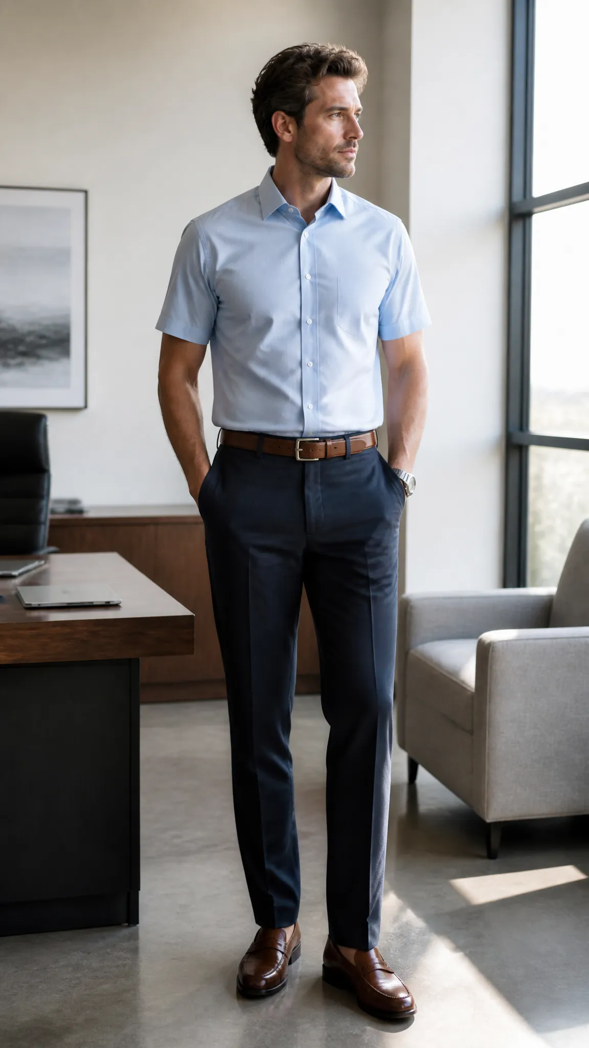 Short-Sleeve Button-Up and Dress Trousers