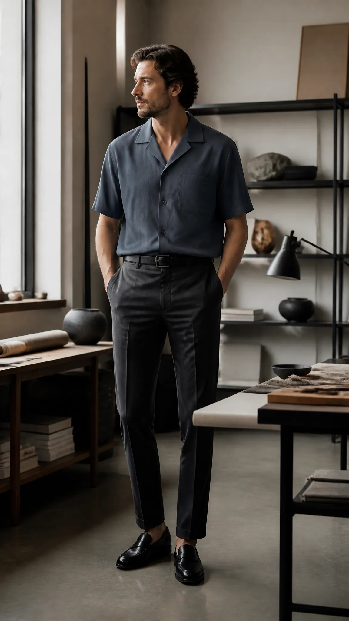 Camp-Collar Shirt and Tailored Pants