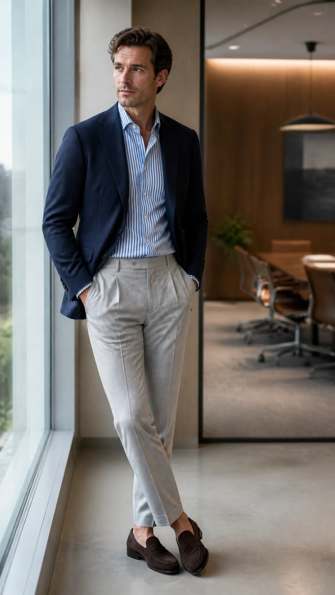 Navy Blazer and Gray Fresco Trousers