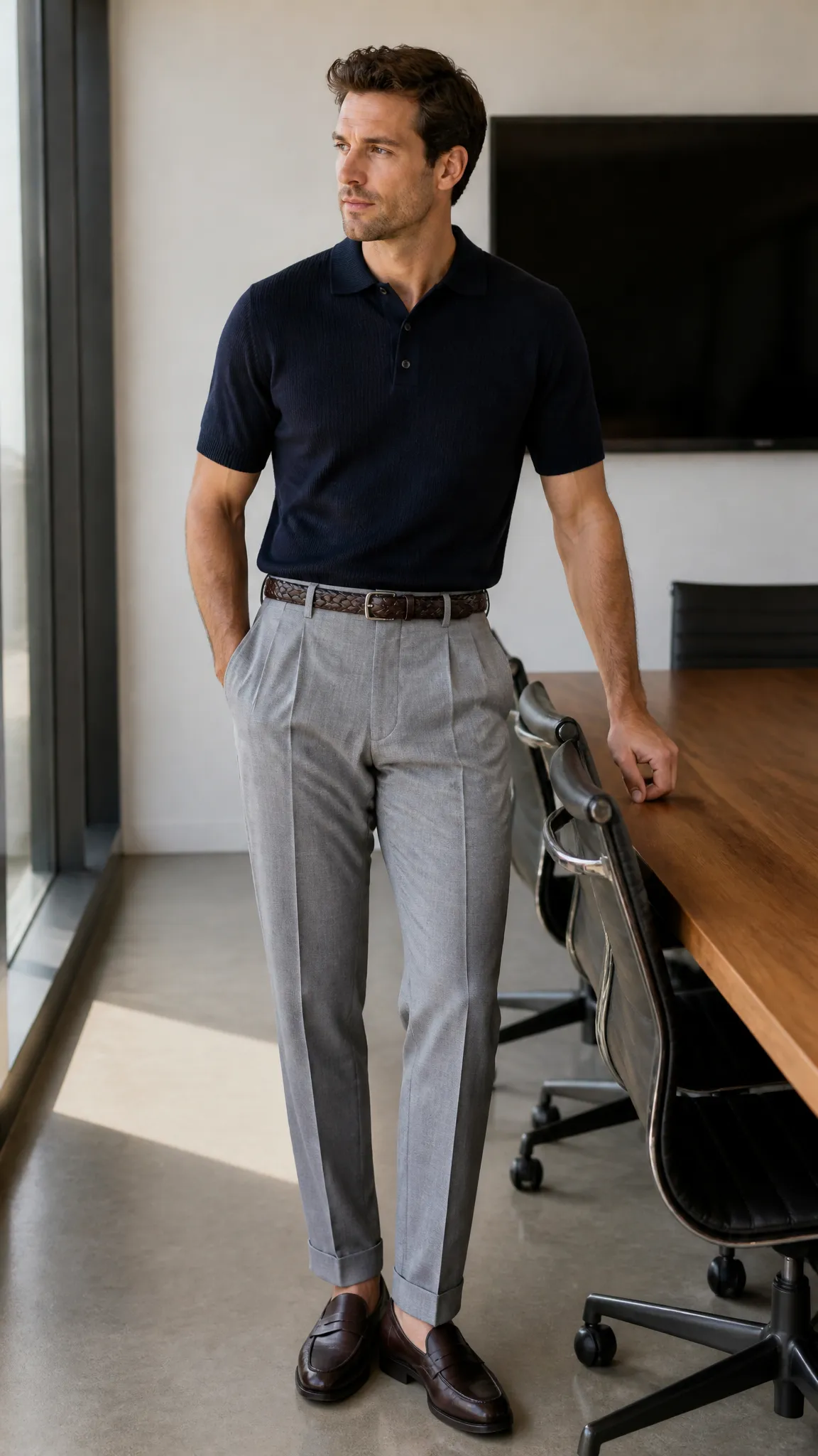 Knit Polo and Pleated Trousers