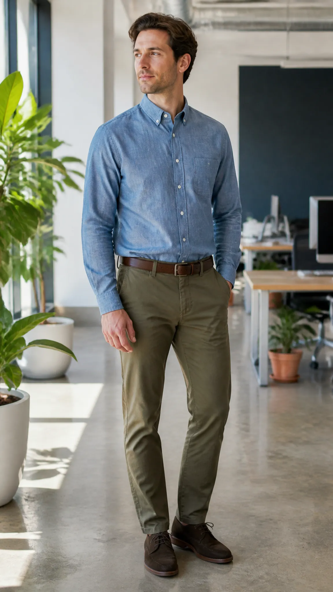 Chambray Shirt and Olive Chinos