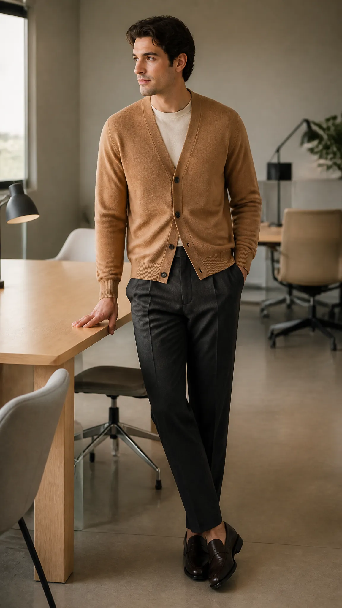 Cardigan With a T-Shirt and Trousers