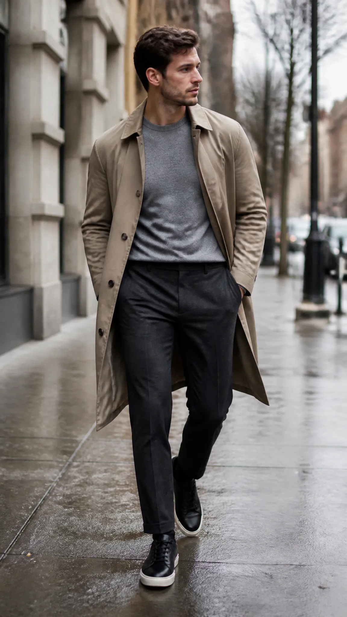 Trench Coat With a Sweatshirt and Trousers