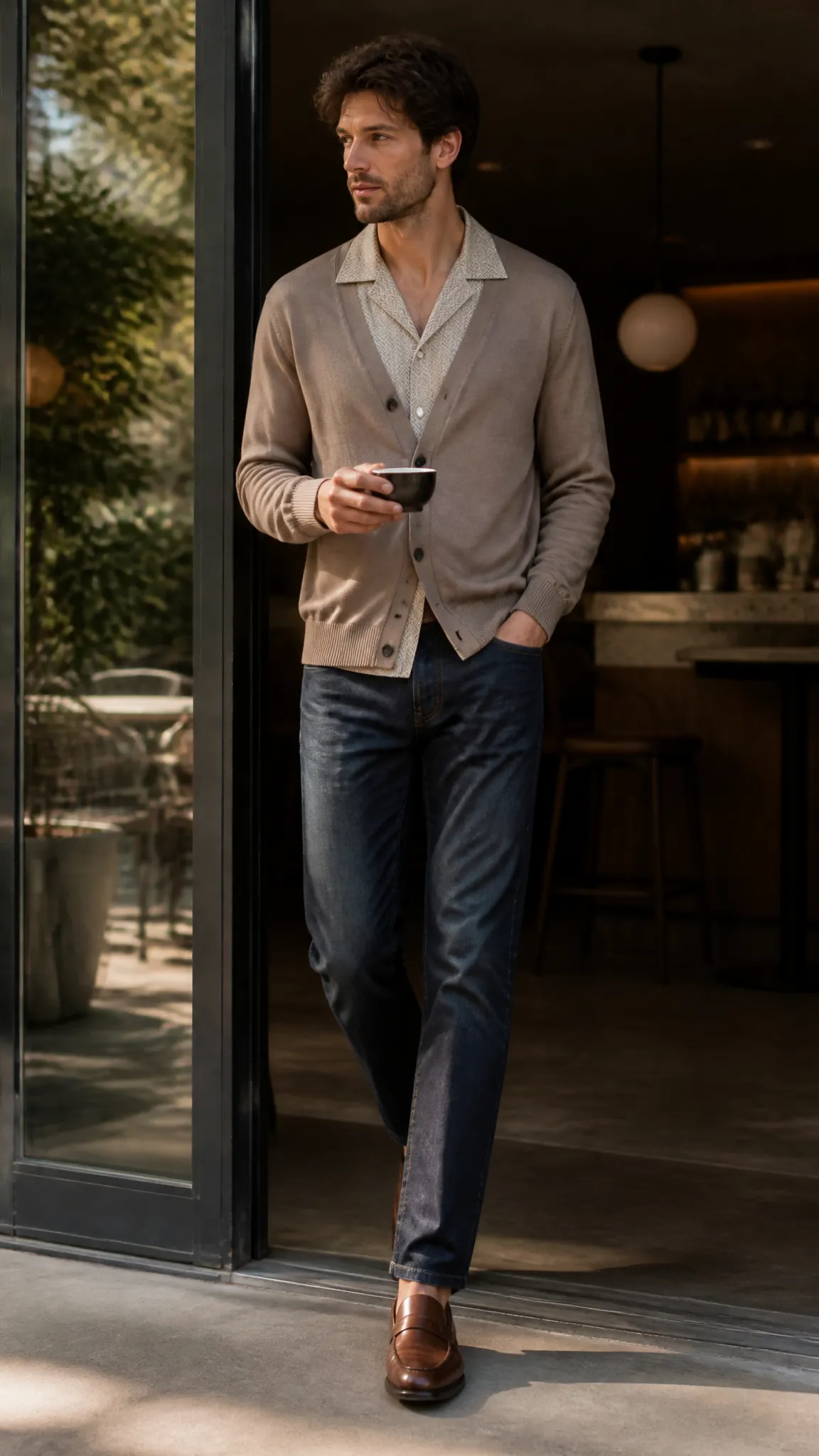 Cardigan, Camp-Collar Shirt, and Jeans
