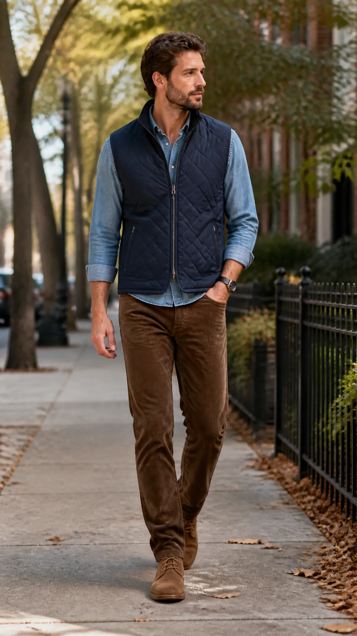 Quilted Vest Over a Chambray Shirt