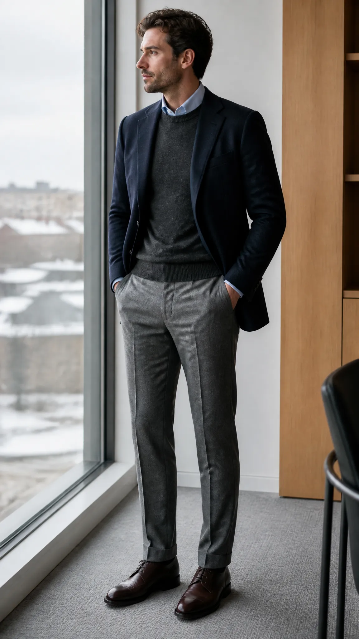 Navy Blazer, Merino Crewneck, and Gray Trousers