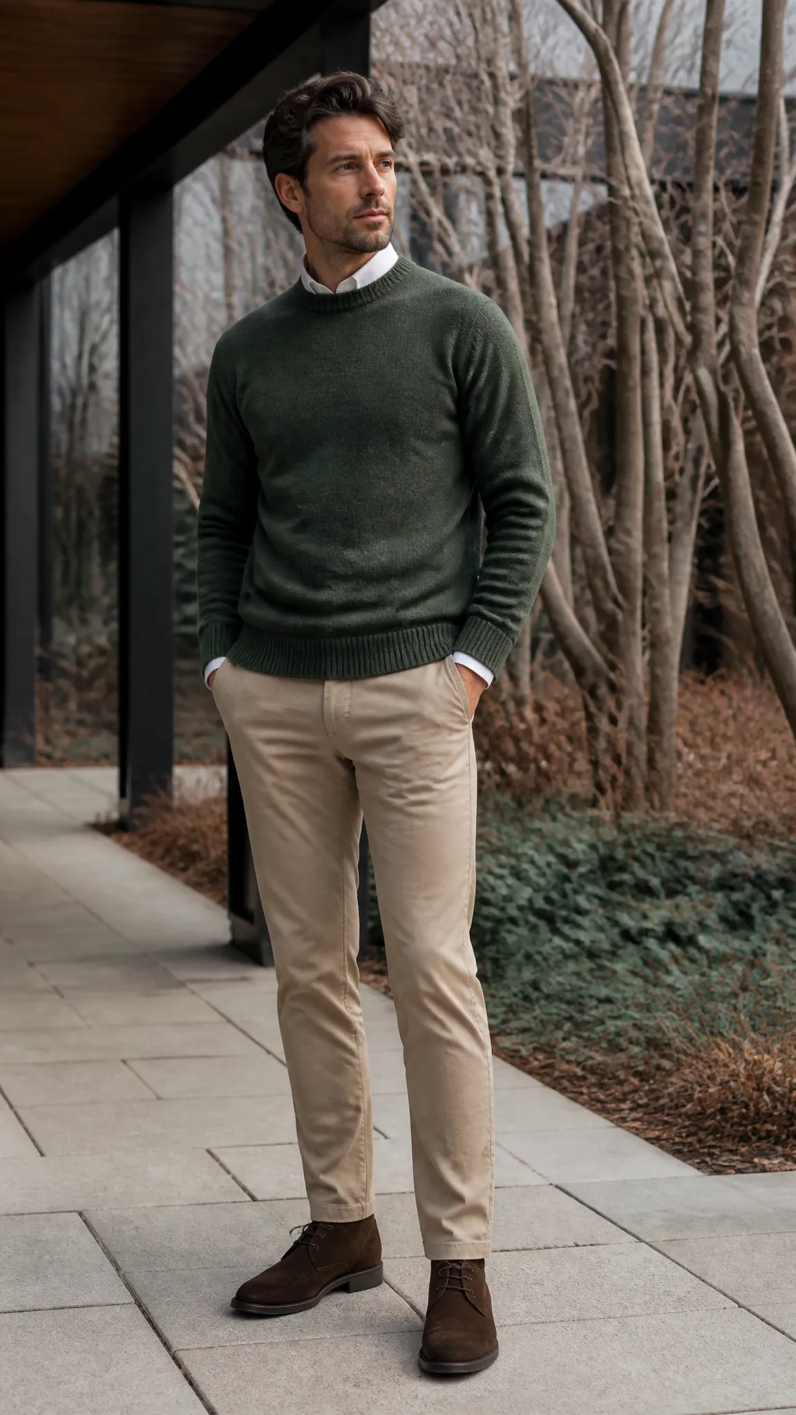 Forest-Green Sweater with Stone Chinos