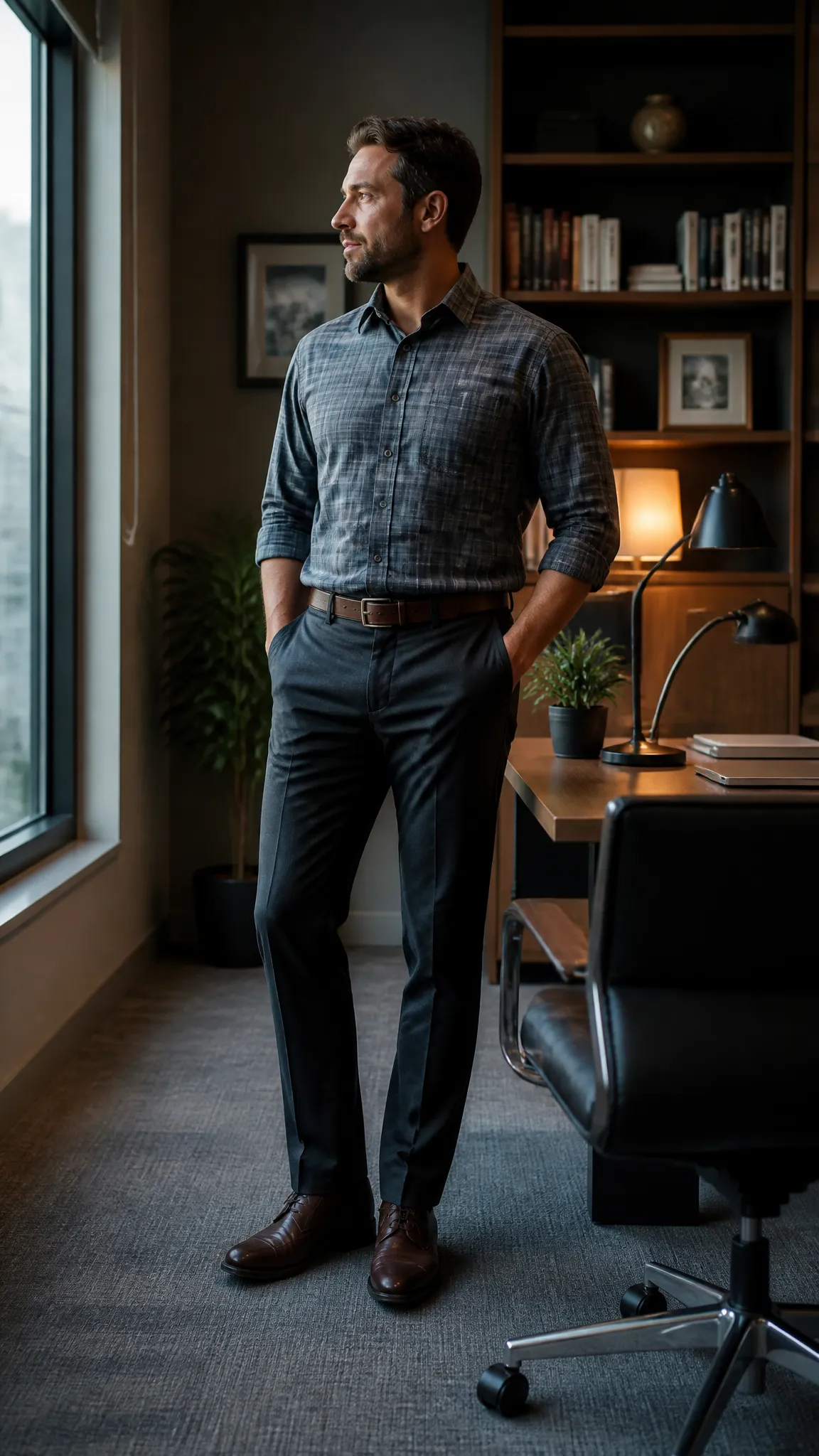 Flannel Shirt, Tailored Trousers, and Derby Shoes