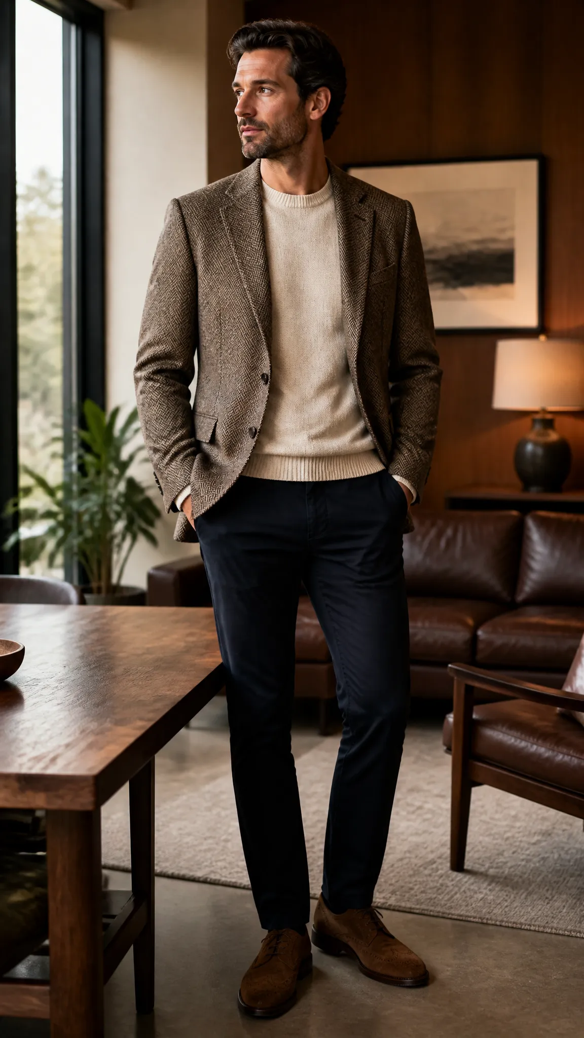 Brown Tweed Jacket with Cream Knitwear
