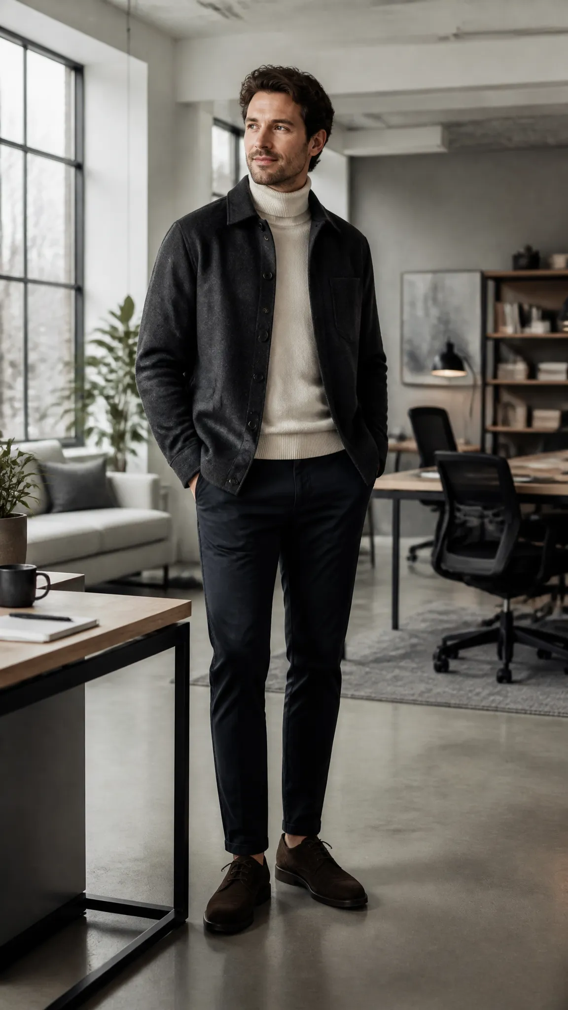 Wool Overshirt with a Roll-Neck Sweater