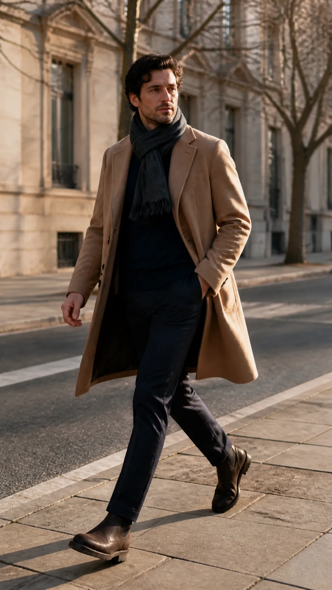 Camel Topcoat over Tonal Navy Layers