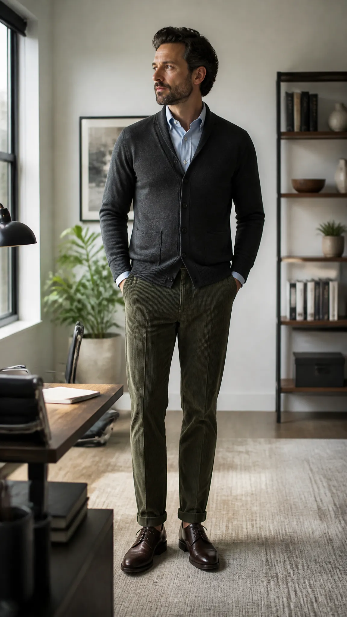 Cardigan, Oxford Shirt, and Corduroy Trousers
