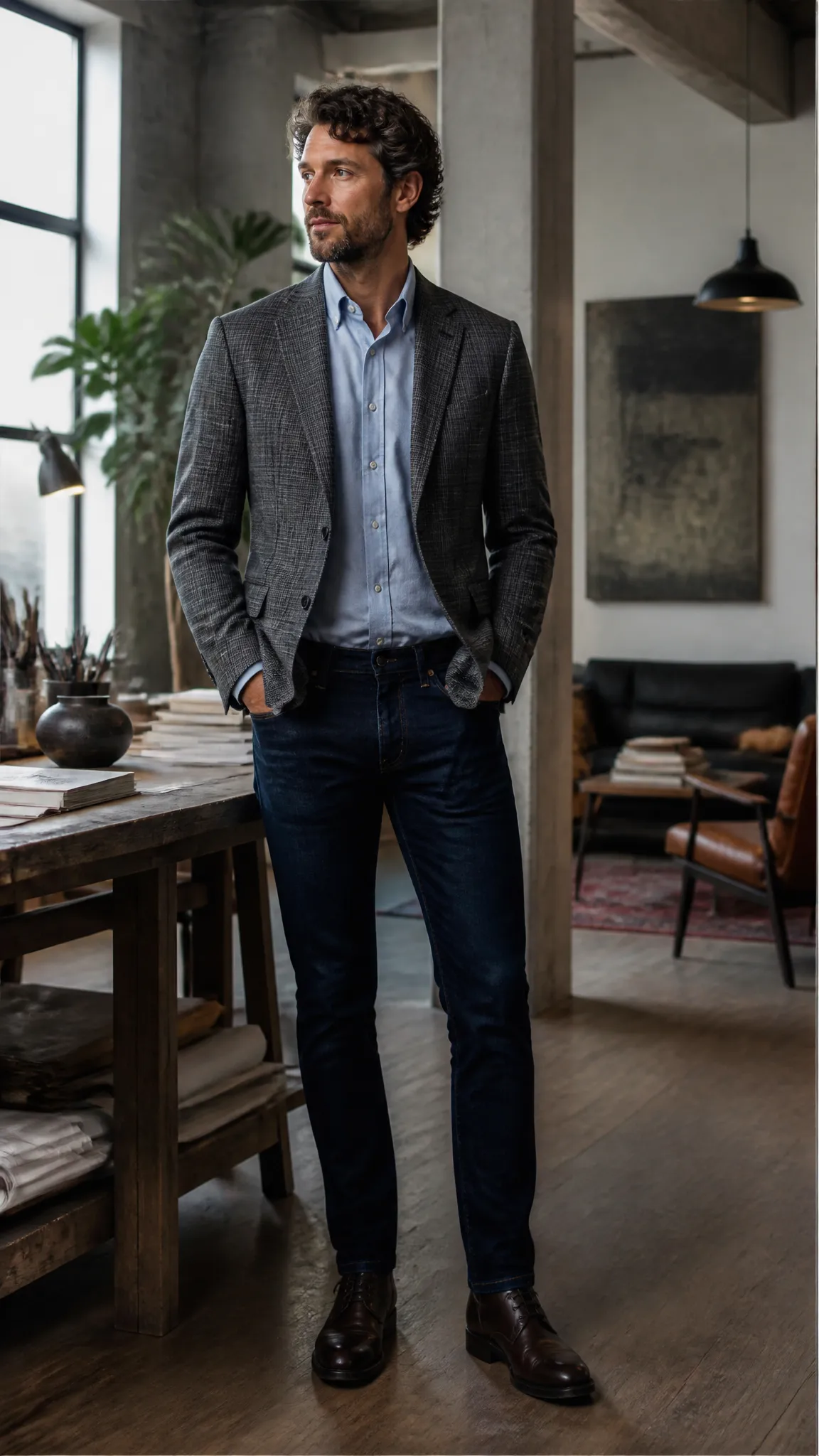 Dark Denim with a Checked Blazer